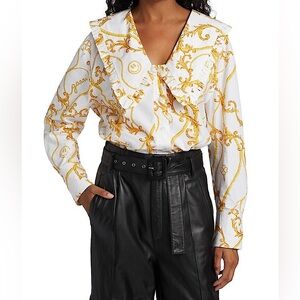 Ganni Rope Print Oversized Collar Shirt, Size 36, White and Gold